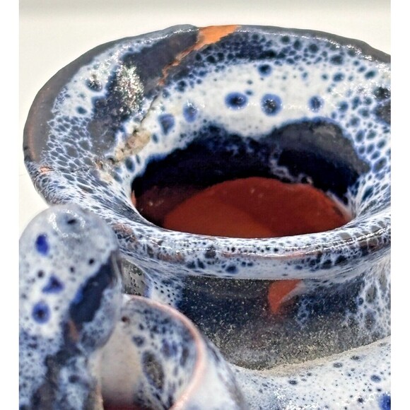 Vintage Clay‎ Art Pottery Figure Sitting w/Pots Primitive Blue Speckled Glazed - Picture 15 of 16